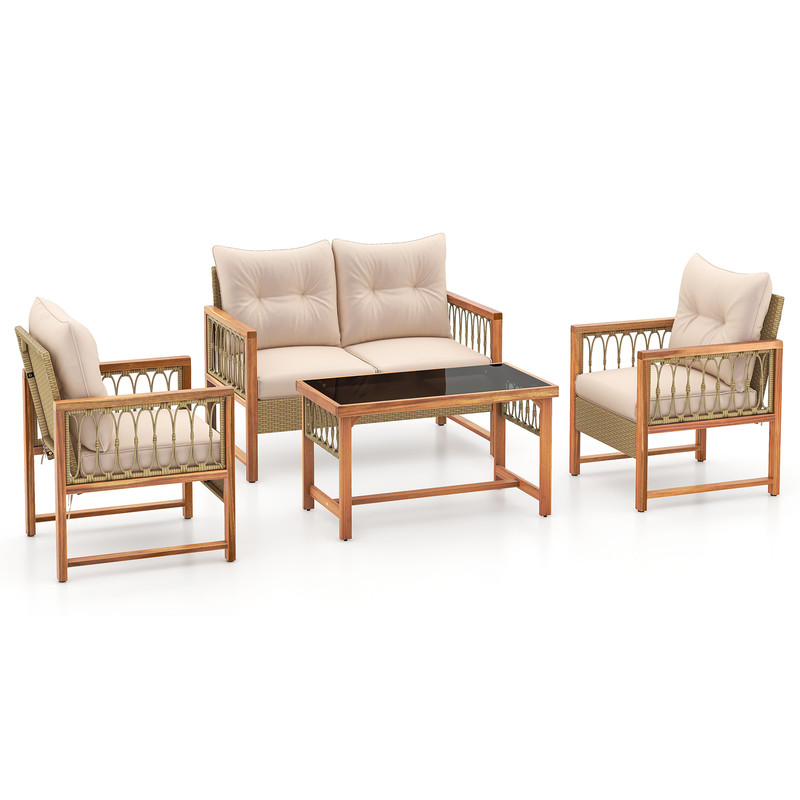 PE Wicker  Acacia Wood Frame Outdoor Patio Set 4Piece Conversation Bistro Furniture 6