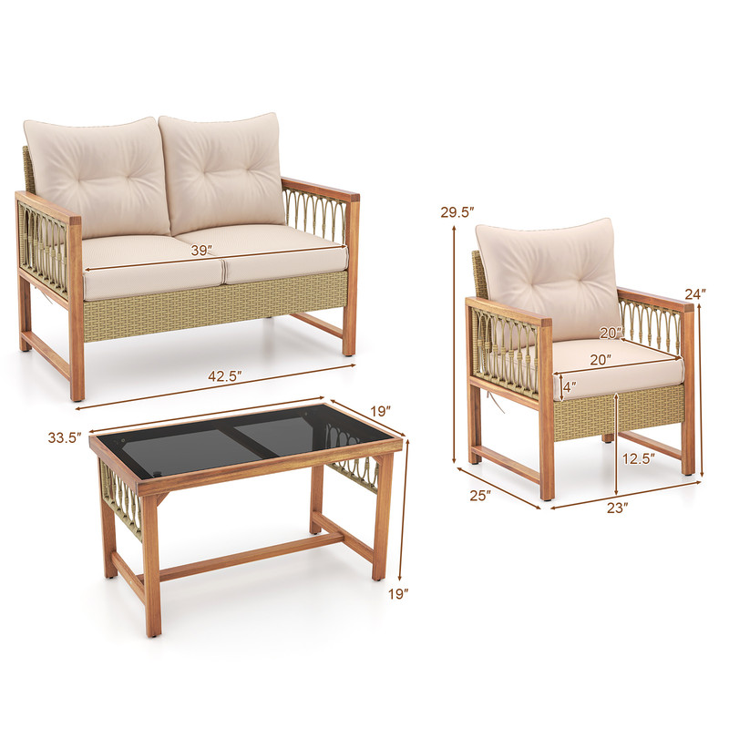 PE Wicker  Acacia Wood Frame Outdoor Patio Set 4Piece Conversation Bistro Furniture 7
