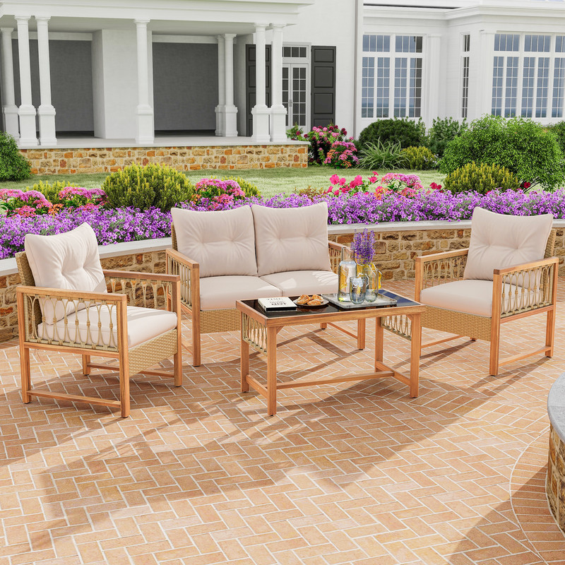 PE Wicker  Acacia Wood Frame Outdoor Patio Set 4Piece Conversation Bistro Furniture 3