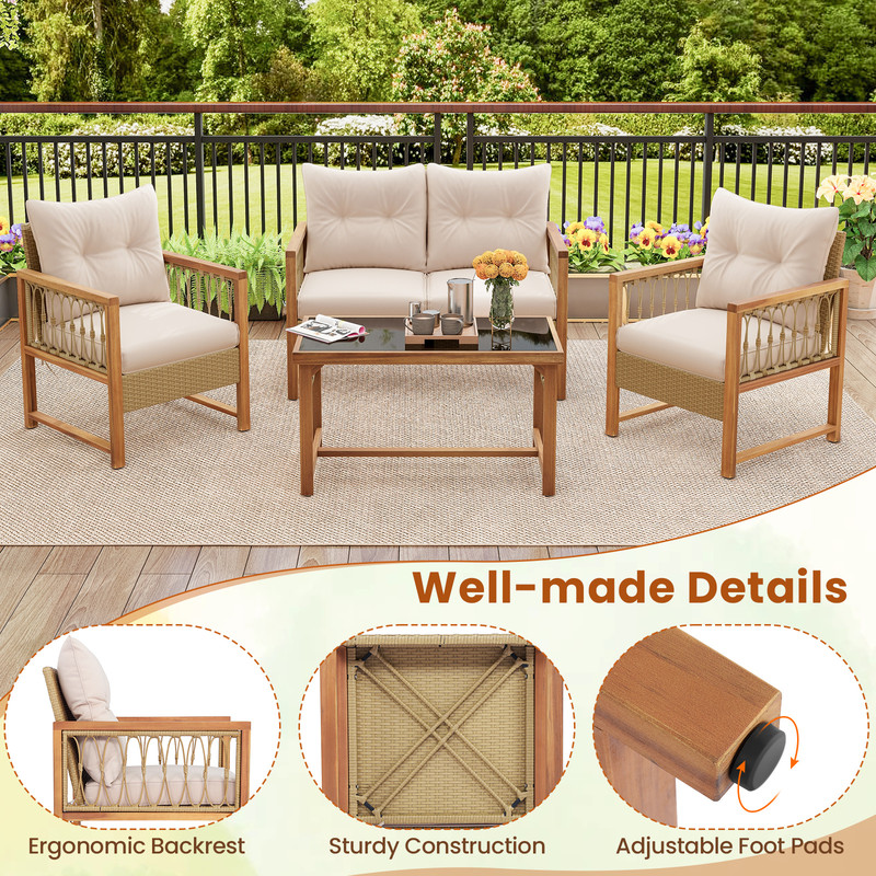 PE Wicker  Acacia Wood Frame Outdoor Patio Set 4Piece Conversation Bistro Furniture 2
