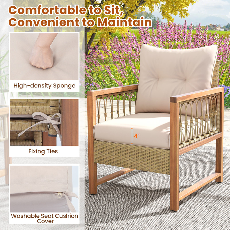 PE Wicker  Acacia Wood Frame Outdoor Patio Set 4Piece Conversation Bistro Furniture 4