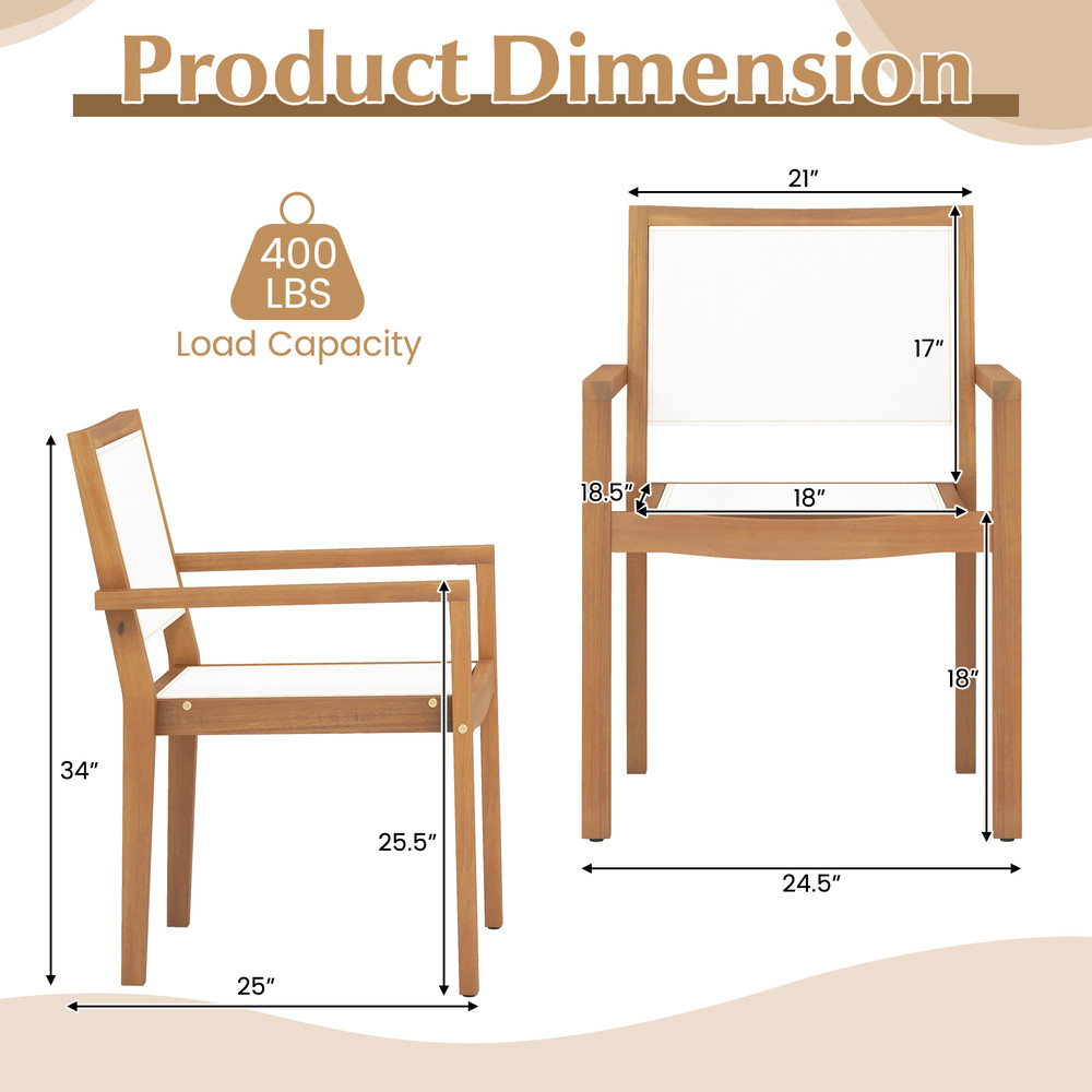Acacia Wood Frame Stackable Outdoor Dining Chairs (Set of 2), Comfortable & Weather-Resistant