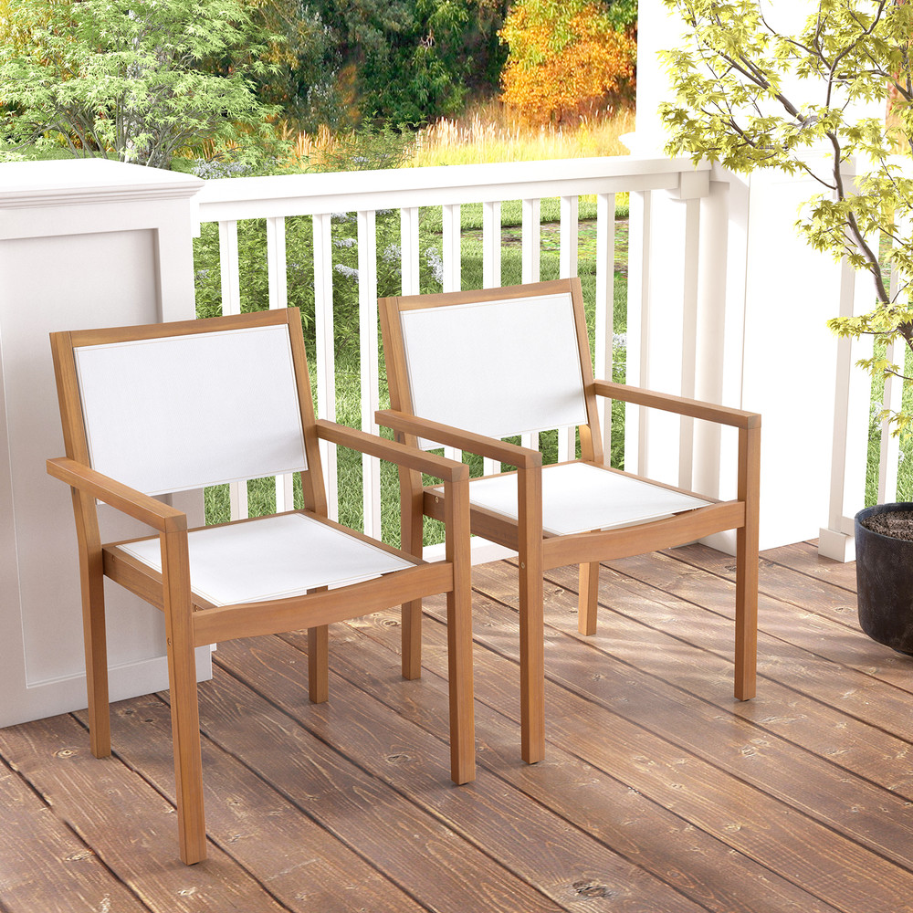 Acacia Wood Frame Stackable Outdoor Dining Chairs (Set of 2), Comfortable & Weather-Resistant