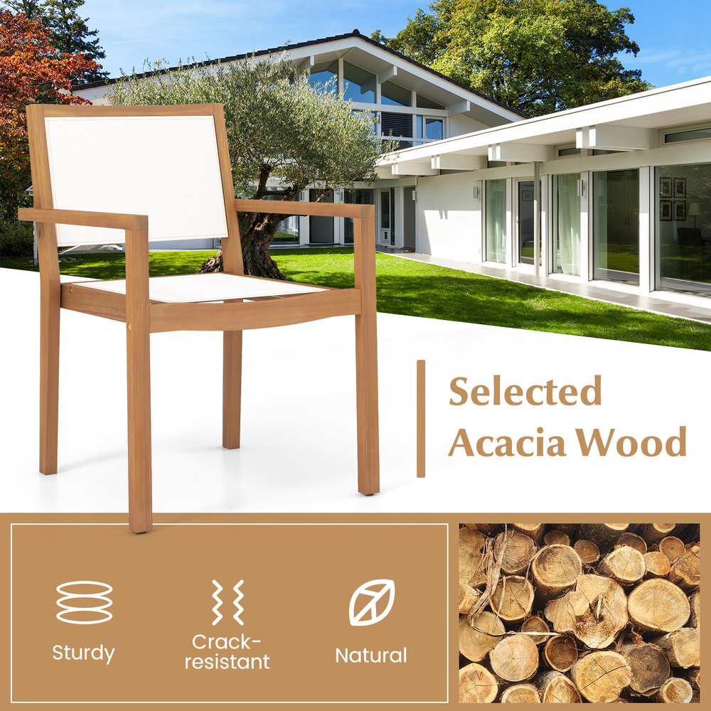 Acacia Wood Frame Stackable Outdoor Dining Chairs (Set of 2), Comfortable & Weather-Resistant