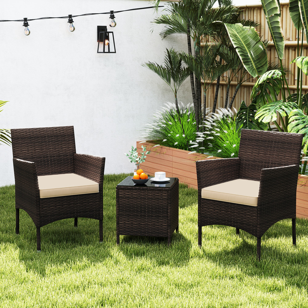 Outdoor Conversation Set 3Piece Patio Furniture With Cushioned Seats  Tempered Glass 0