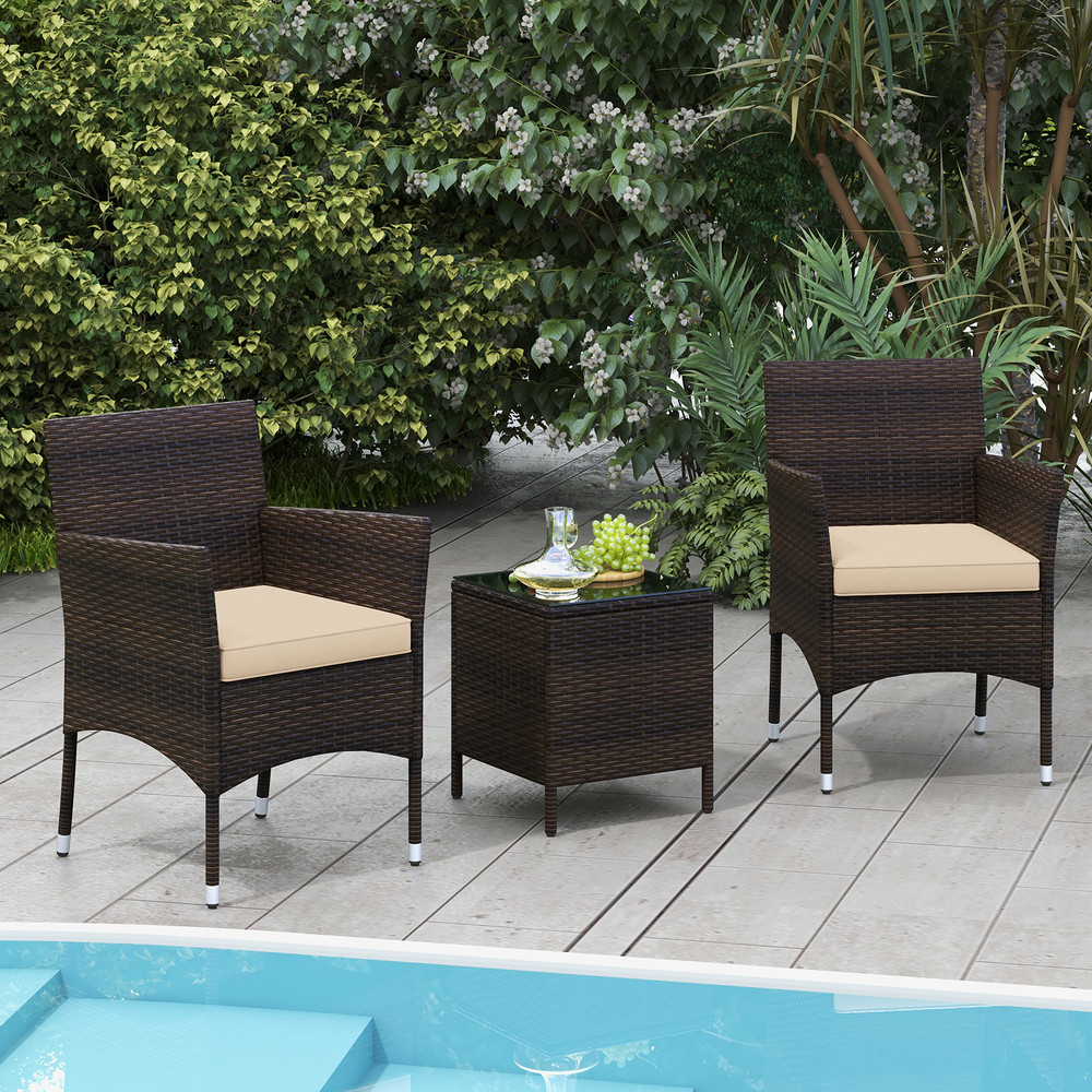 Outdoor Conversation Set 3Piece Patio Furniture With Cushioned Seats  Tempered Glass 1