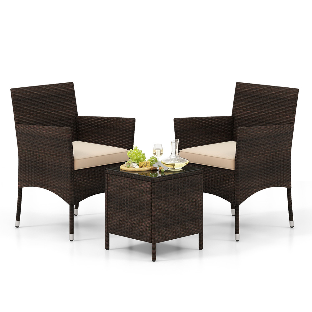 Outdoor Conversation Set 3Piece Patio Furniture With Cushioned Seats  Tempered Glass 5