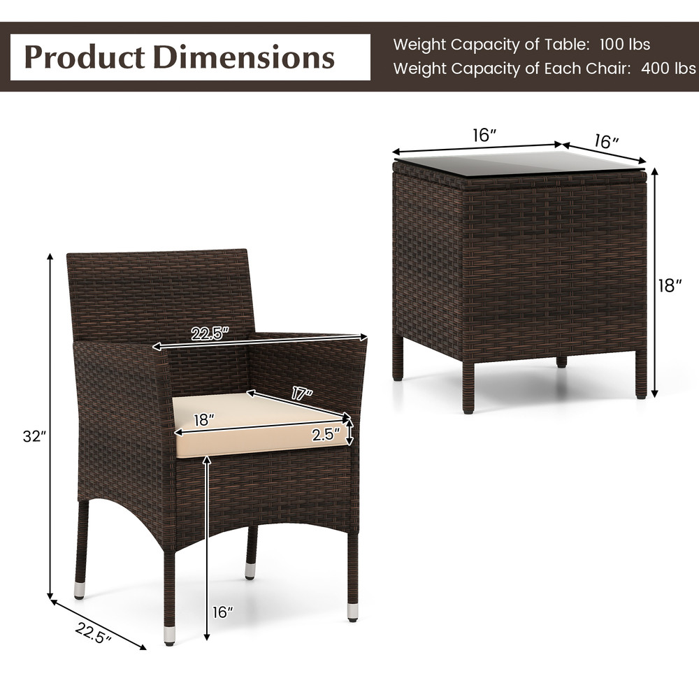 Outdoor Conversation Set 3Piece Patio Furniture With Cushioned Seats  Tempered Glass 6