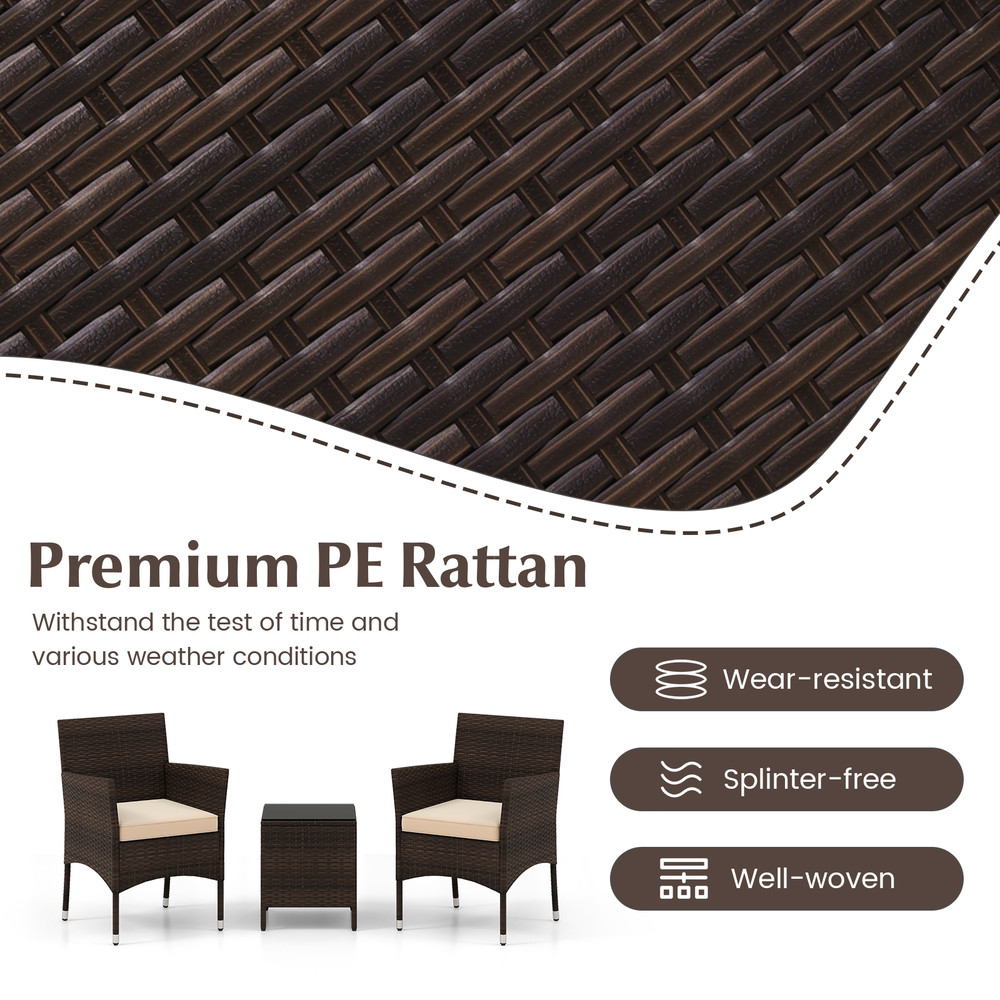 Outdoor Conversation Set 3Piece Patio Furniture With Cushioned Seats  Tempered Glass 2