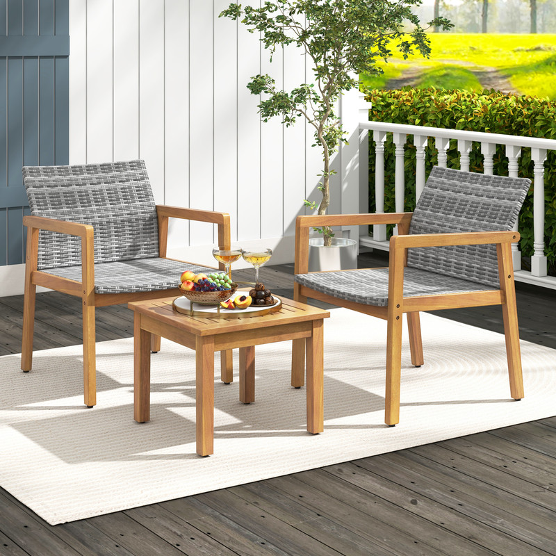 3Piece Patio Furniture Set With Chairs Coffee Table Acacia Wood PE Rattan Outdoor Bistro Set 1