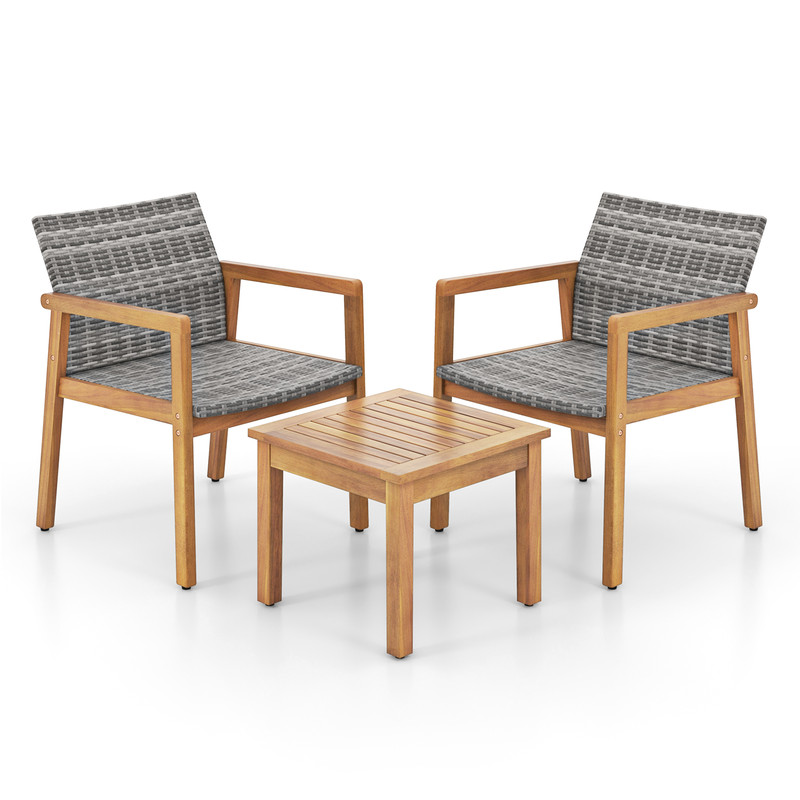 3Piece Patio Furniture Set With Chairs Coffee Table Acacia Wood PE Rattan Outdoor Bistro Set 4