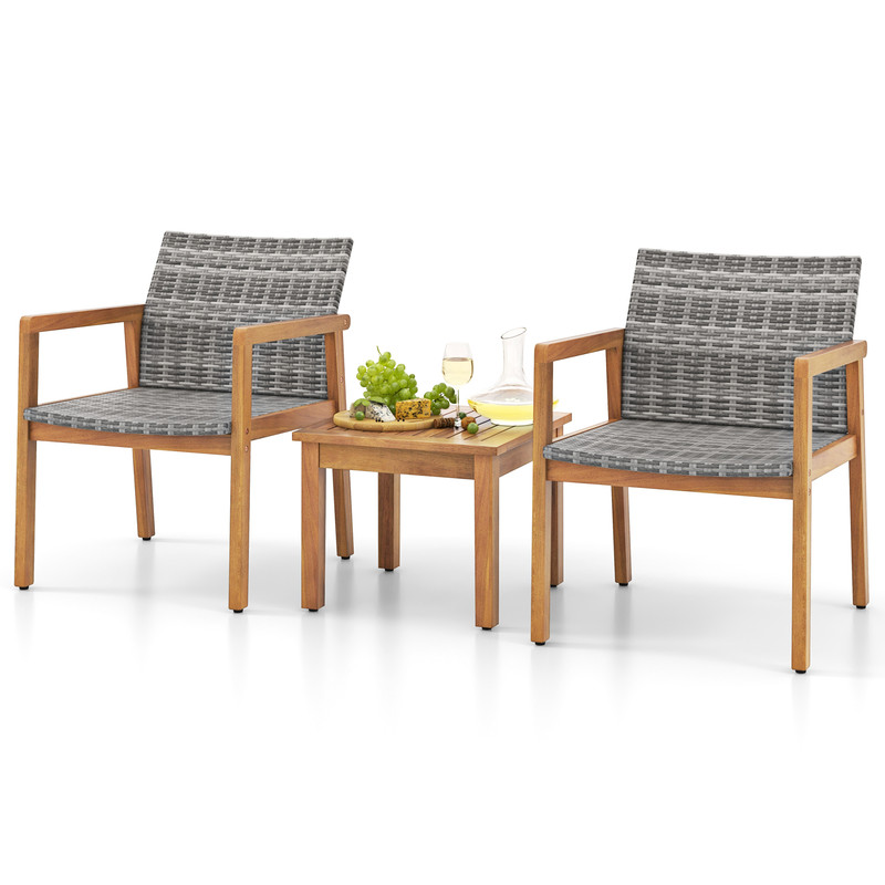3Piece Patio Furniture Set With Chairs Coffee Table Acacia Wood PE Rattan Outdoor Bistro Set 5
