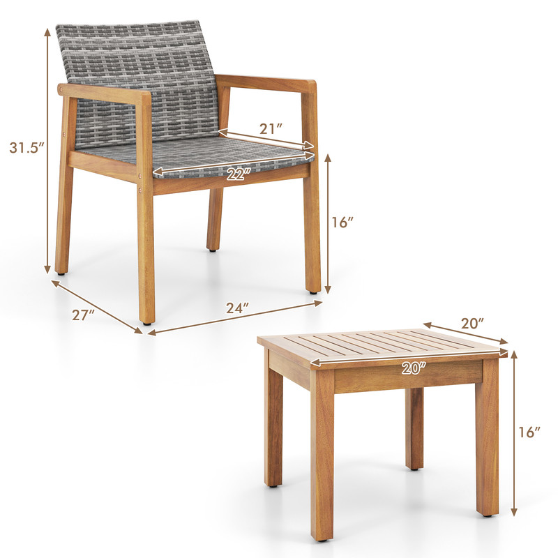 3Piece Patio Furniture Set With Chairs Coffee Table Acacia Wood PE Rattan Outdoor Bistro Set 6