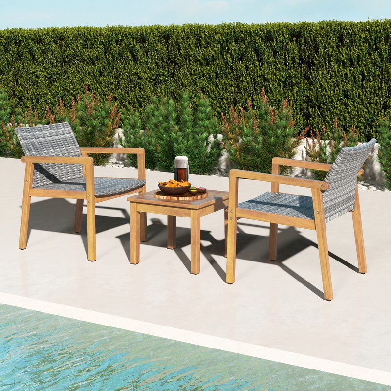 3Piece Patio Furniture Set With Chairs Coffee Table Acacia Wood PE Rattan Outdoor Bistro Set 7