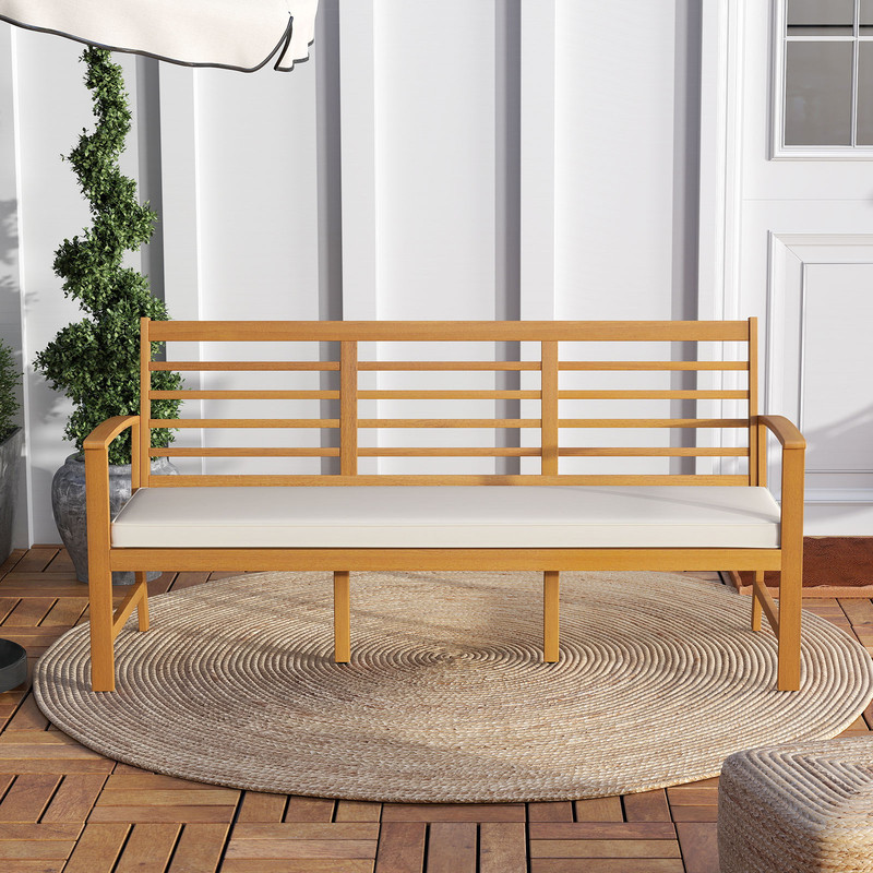 Outdoor 64 Inch Wood Bench With Seat Cushion Durable Slatted Patio Bench For Backyard Relaxation 1