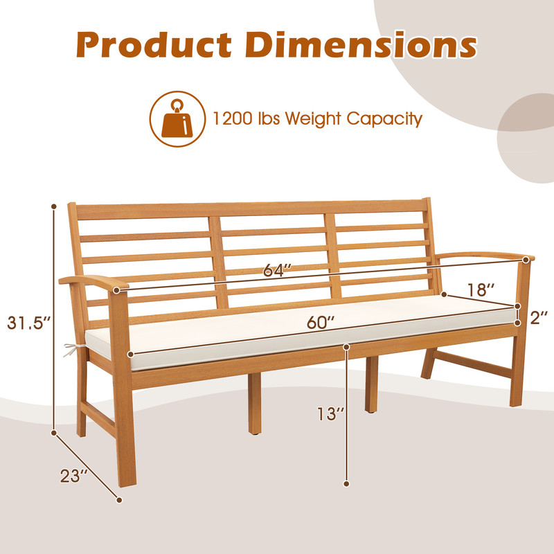 Outdoor 64 Inch Wood Bench With Seat Cushion Durable Slatted Patio Bench For Backyard Relaxation 5