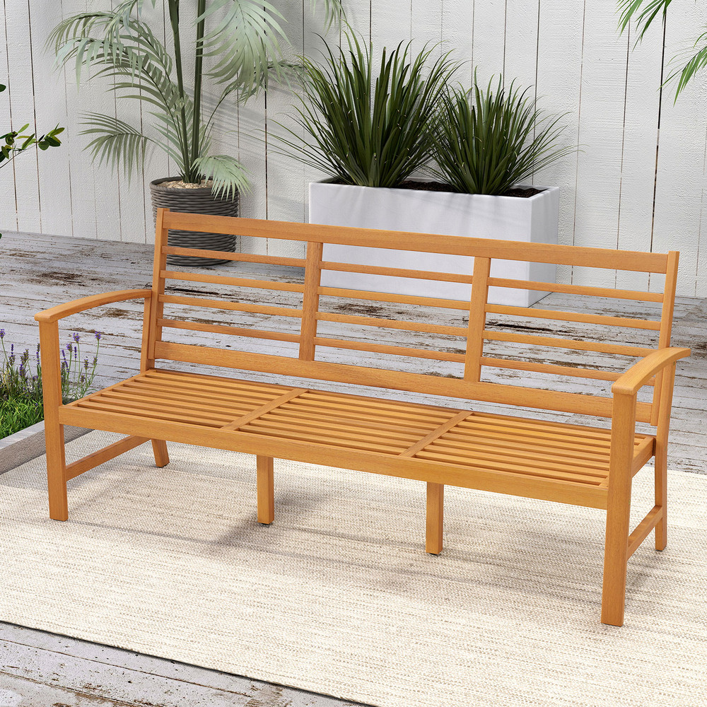 Outdoor 64 Inch Wood Bench With Seat Cushion Durable Slatted Patio Bench For Backyard Relaxation 7