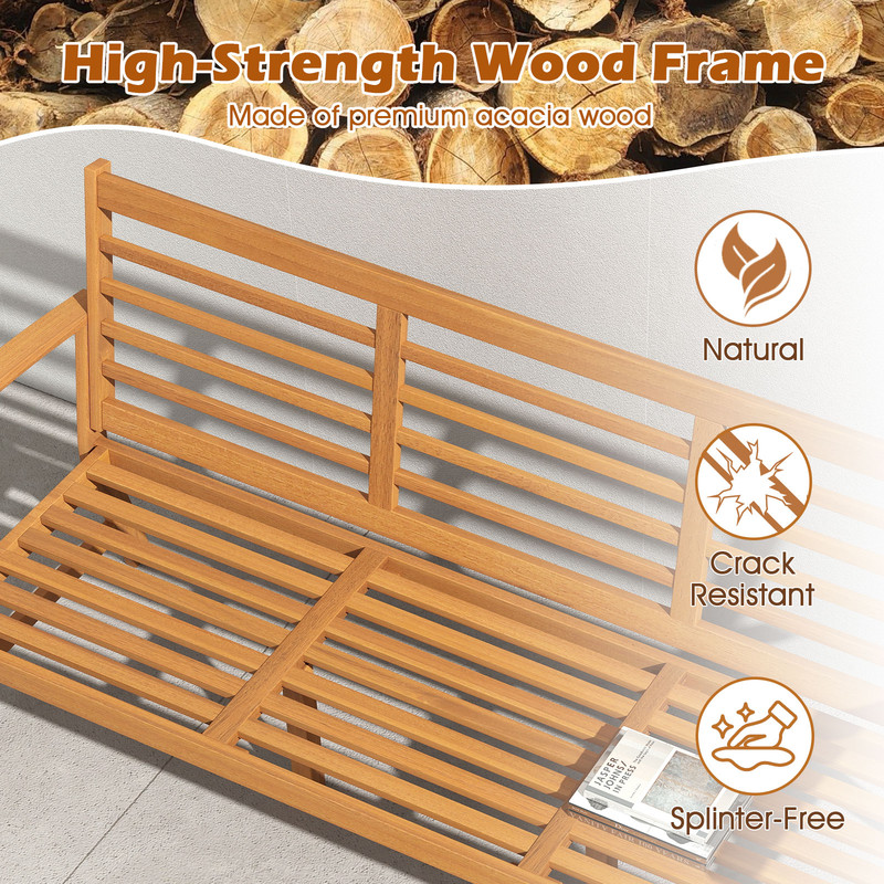 Outdoor 64 Inch Wood Bench With Seat Cushion Durable Slatted Patio Bench For Backyard Relaxation 3