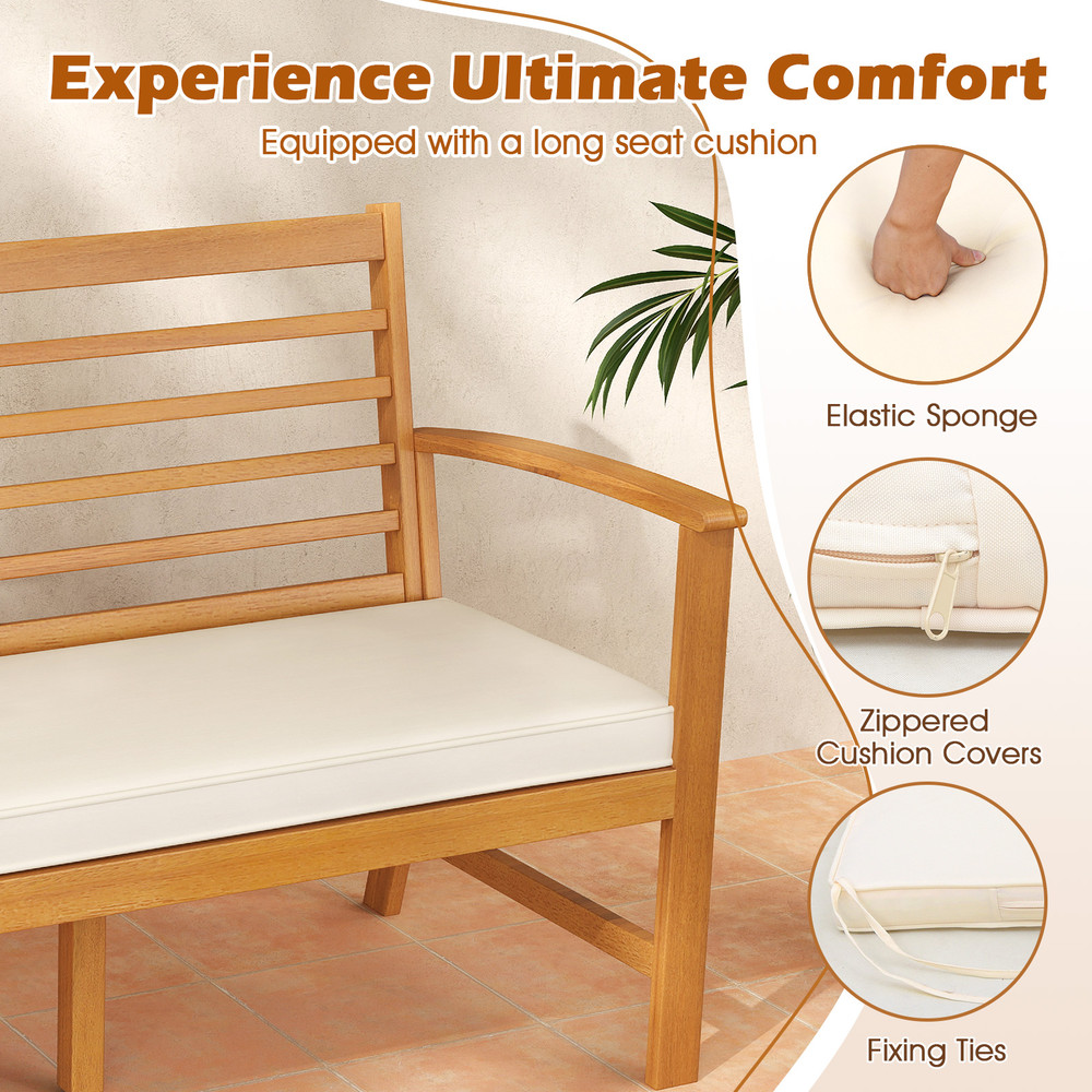 Outdoor 64 Inch Wood Bench With Seat Cushion Durable Slatted Patio Bench For Backyard Relaxation 4