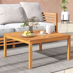 solid acacia wood coffee table, 35.5 inches patio side table with slatted design for outdoor living