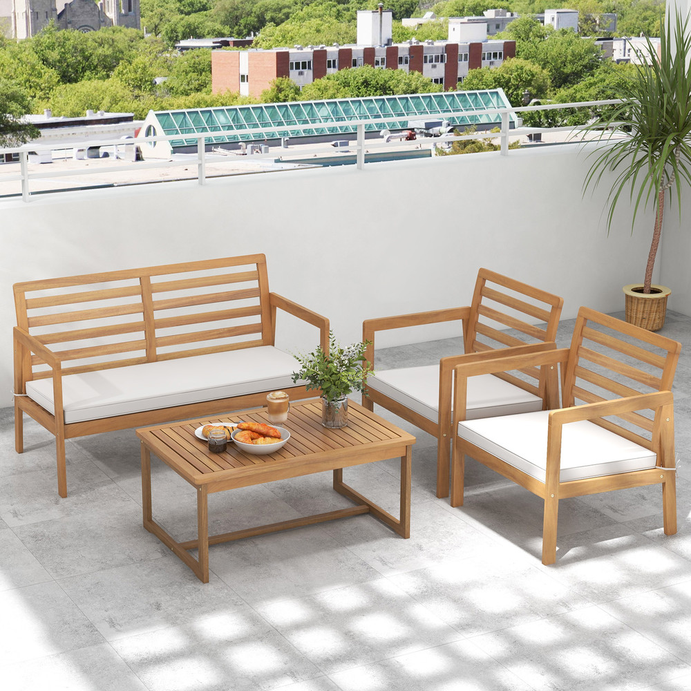 Acacia Wood Patio Set 4Piece Conversation Set With 2 Armchairs Loveseat  Coffee Table For Outdoor R 0