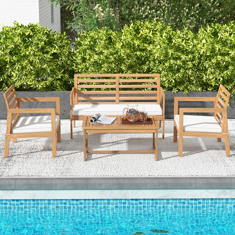 Acacia Wood Patio Set 4Piece Conversation Set With 2 Armchairs Loveseat  Coffee Table For Outdoor R 1
