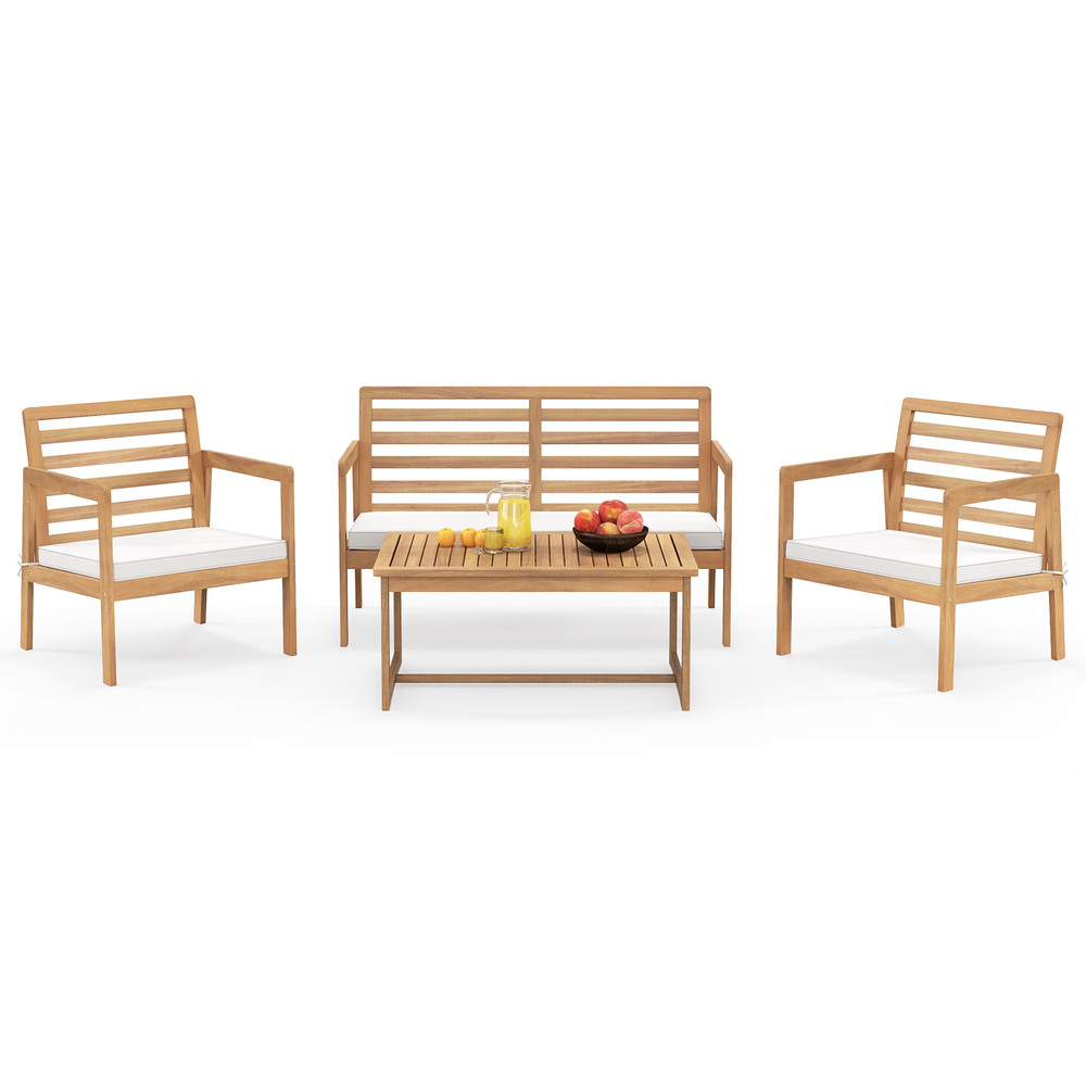 Acacia Wood Patio Set 4Piece Conversation Set With 2 Armchairs Loveseat  Coffee Table For Outdoor R 6