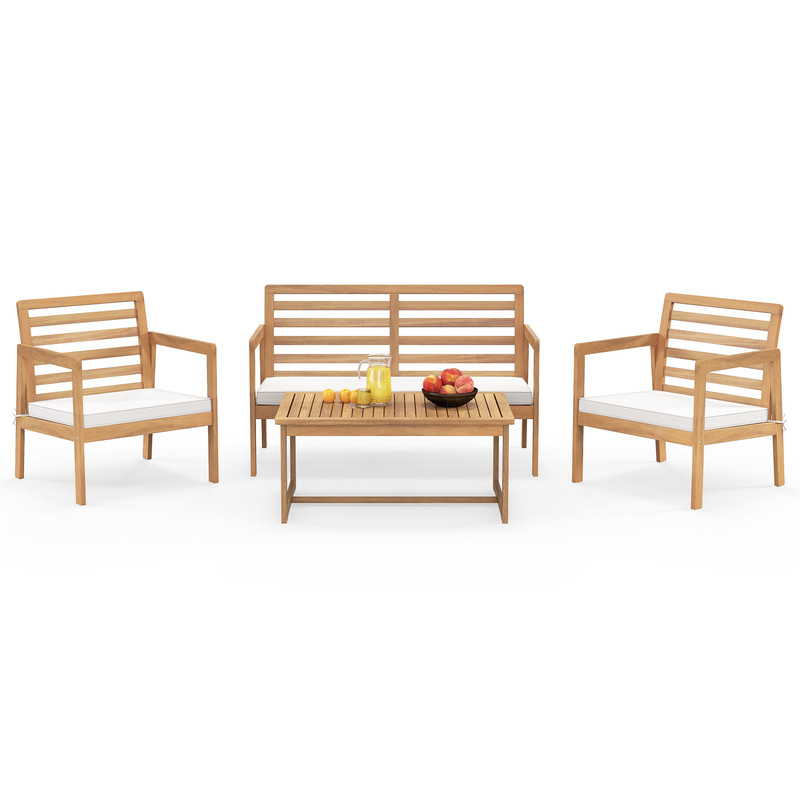 Acacia Wood Patio Set 4Piece Conversation Set With 2 Armchairs Loveseat  Coffee Table For Outdoor R 6