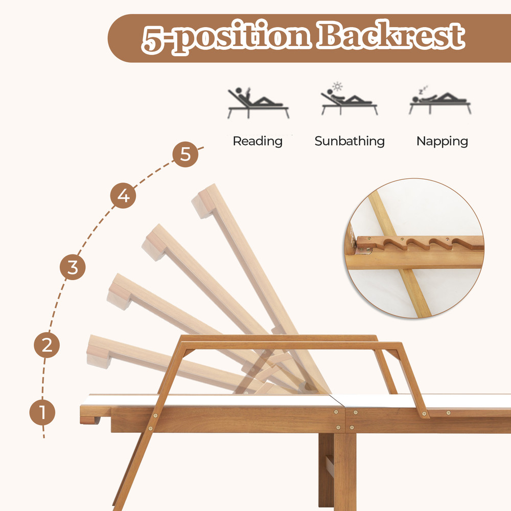 Acacia Wood Chaise Lounge Chair Patio Recliner With 5Position Adjustable Backrest Breathable Fabri 2