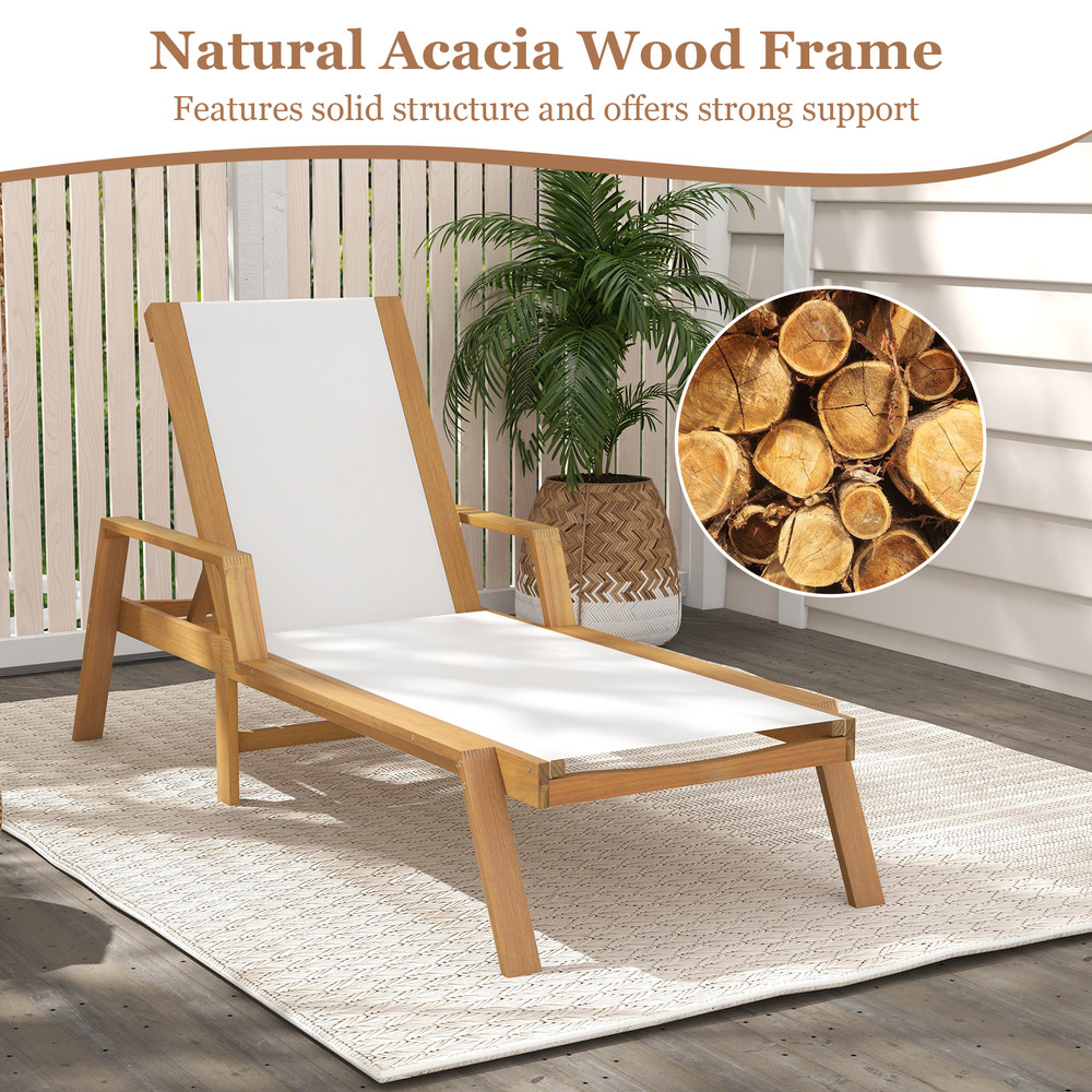 Acacia Wood Chaise Lounge Chair Patio Recliner With 5Position Adjustable Backrest Breathable Fabri 3