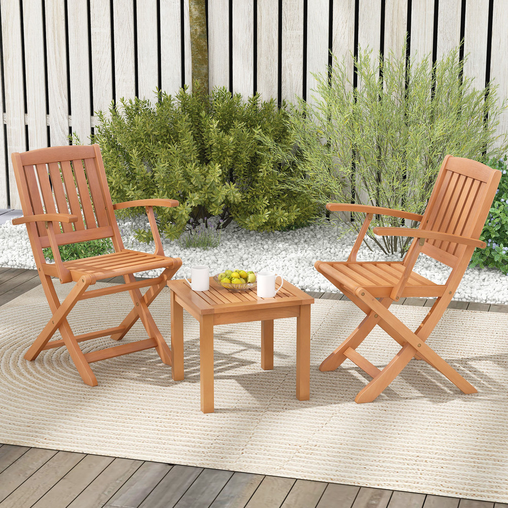 3 PCS Eucalyptus Wood Patio Bistro Set With 2 Folding Arm Chairs Rustic Outdoor Furniture 0