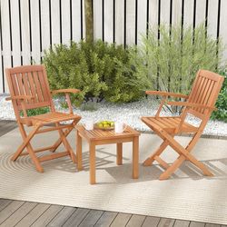 3 pcs eucalyptus wood patio bistro set with 2 folding arm chairs, rustic outdoor furniture