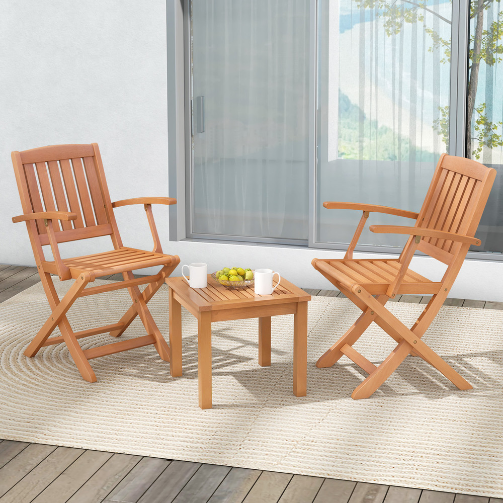 3 PCS Eucalyptus Wood Patio Bistro Set With 2 Folding Arm Chairs Rustic Outdoor Furniture 1