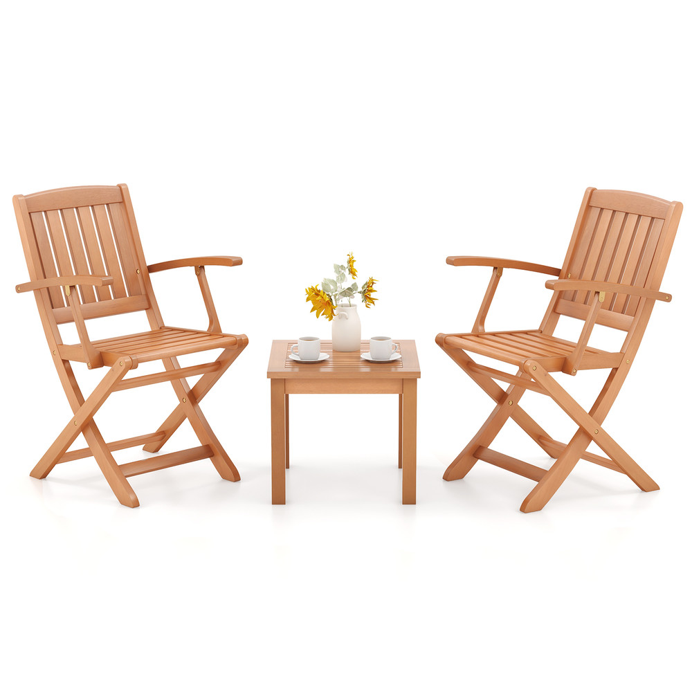 3 PCS Eucalyptus Wood Patio Bistro Set With 2 Folding Arm Chairs Rustic Outdoor Furniture 6