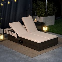 patio double chaise lounge with shade cushions & folding side trays, adjustable outdoor sunbed for two
