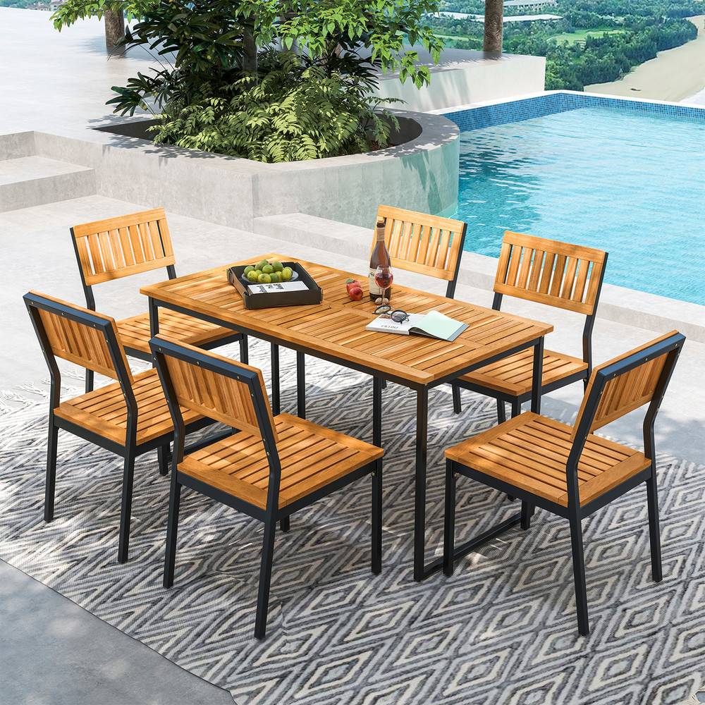 Acacia Wood Dining Table For 6 People Rustic Outdoor Table With Slatted Tabletop Umbrella Hole 0
