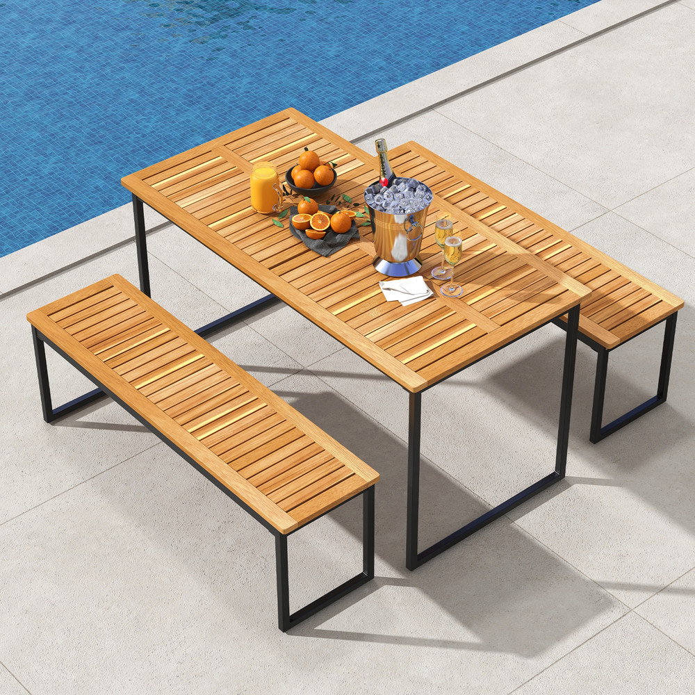 Acacia Wood Dining Table For 6 People Rustic Outdoor Table With Slatted Tabletop Umbrella Hole 1