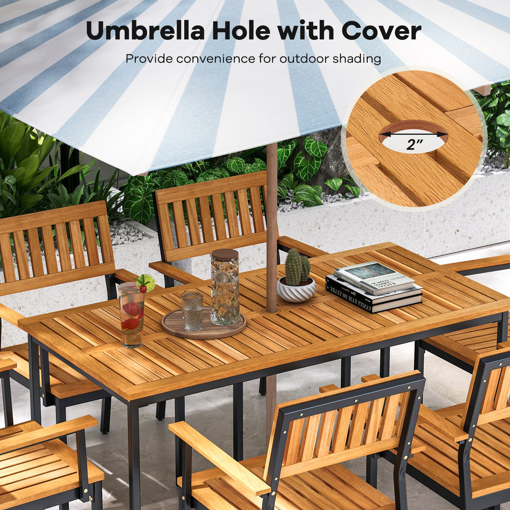 Acacia Wood Dining Table For 6 People Rustic Outdoor Table With Slatted Tabletop Umbrella Hole 2