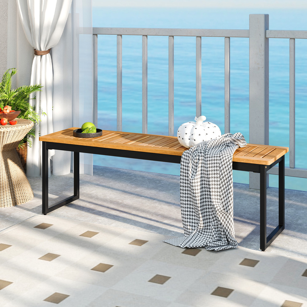 51 Patio Dining Bench Backless Slatted Acacia Wood Seat  Sturdy Metal Legs 0