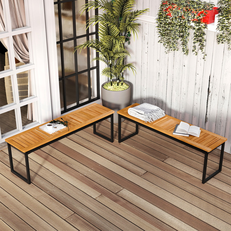Set Of 2 Patio Dining Bench For 23 Person Indoor  Outdoor Acacia Wood Benches 0