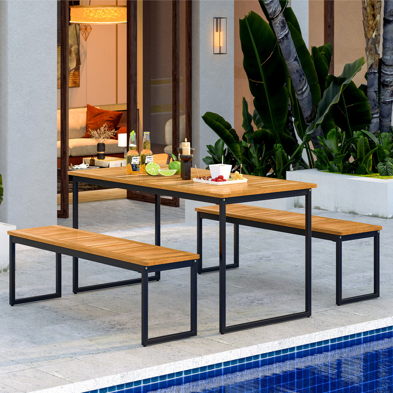Set Of 2 Patio Dining Bench For 23 Person Indoor  Outdoor Acacia Wood Benches 2