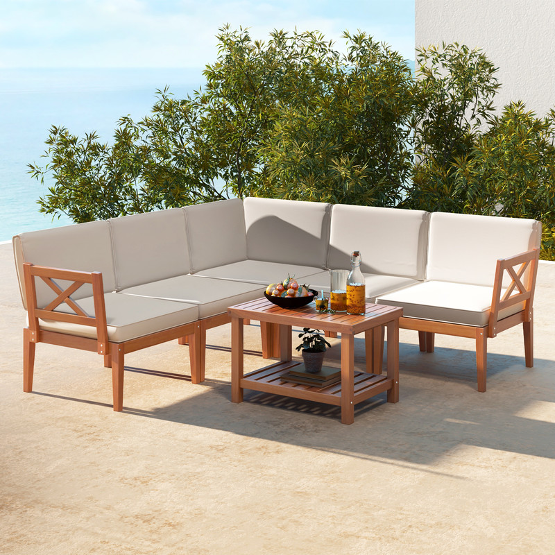 Outdoor Acacia Wood Patio Furniture Set With Cushions Coffee Table Modular Sectional Seating For L 2