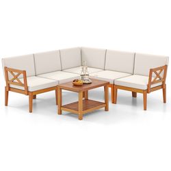 outdoor acacia wood patio furniture set with cushions & coffee table, modular sectional seating for lawn, poolside