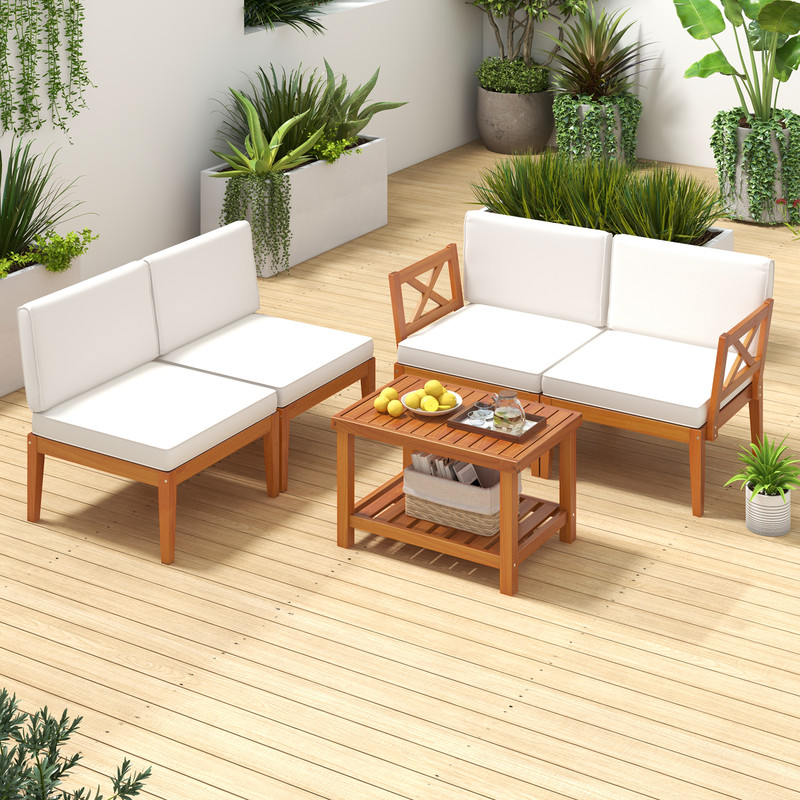 Outdoor Sectional Conversation Set With Cushions Acacia Wood Patio Furniture Set For Balcony Deck O 1