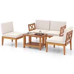 outdoor sectional conversation set with cushions, acacia wood patio furniture set for balcony, deck, or poolside