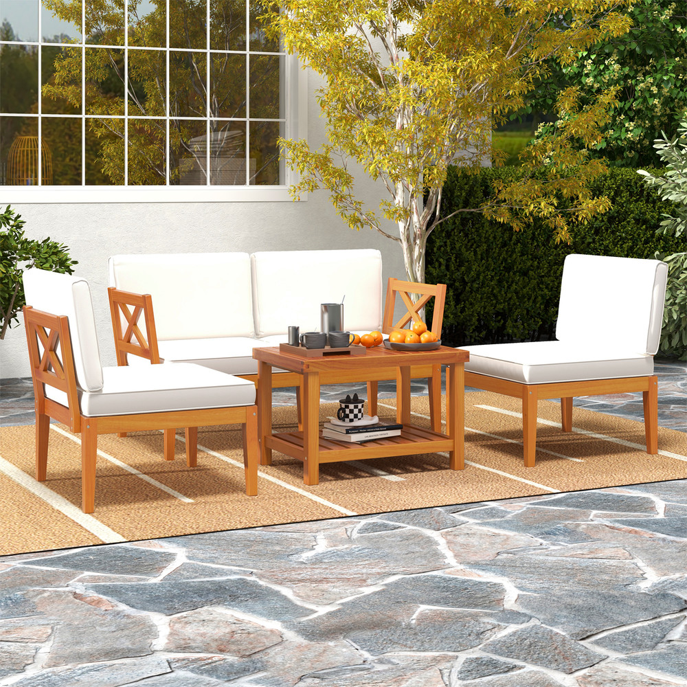 Outdoor Sectional Conversation Set With Cushions Acacia Wood Patio Furniture Set For Balcony Deck O 3