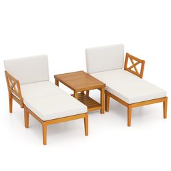 outdoor acacia wood patio chaise lounge chair set with cushions and ottoman, modular reclining lounger for garden