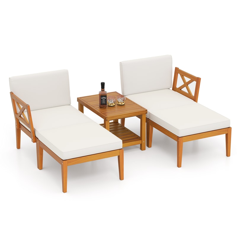 Outdoor Acacia Wood Patio Chaise Lounge Chair Set With Cushions And Ottoman Modular Reclining Loung 7