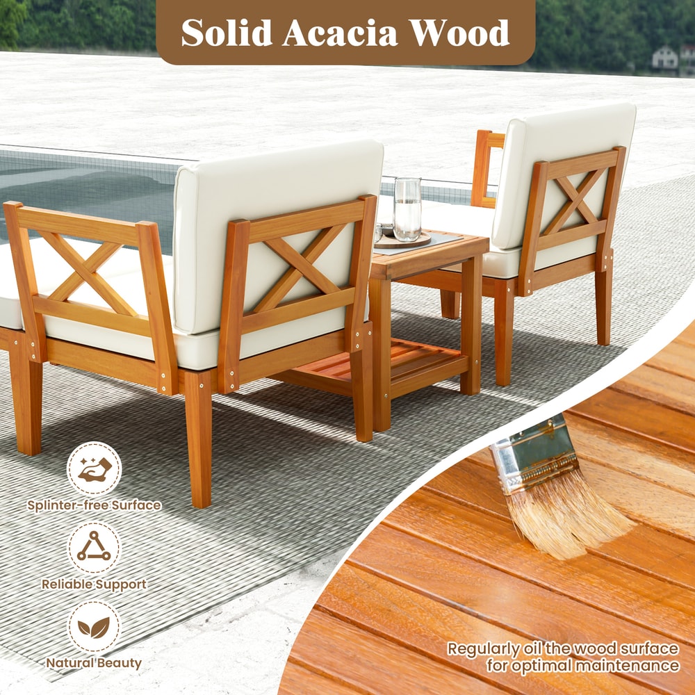 Outdoor Acacia Wood Patio Chaise Lounge Chair Set With Cushions And Ottoman Modular Reclining Loung 4