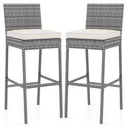 outdoor set patio wicker barstools with cushions and footrest, high-back rattan chairs for garden or deck bar set